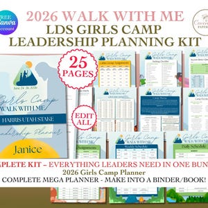 Op de afbeelding: Een leiderschapsplanningskit voor het Girls Camp 2026, met een planner en diverse documenten. De kit heeft een omslag met de tekst "Girls Camp Walk With Me" en "Harris Utah Stake". Het bevat 25 pagina's en is bewerkbaar.
