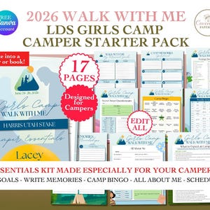 Könnte beinhalten: Ein 17-seitiges Starter-Set für Camperinnen mit dem Titel 2026 Walk With Me LDS Girls Camp. Das Set enthält druckbare Blätter für Ziele, Erinnerungen, Camp-Bingo, Zeitpläne und Fragebögen mit blauen, grünen und gelben Grafiken und Texten.