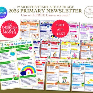 Könnte beinhalten: Eine Sammlung farbenfroher Primär-Newsletter-Vorlagen für 2026, die für die Verwendung mit einem kostenlosen Canva-Konto konzipiert wurden. Das Design umfasst 12 monatliche Layouts, jedes mit einem einzigartigen Thema und editierbarem Text.