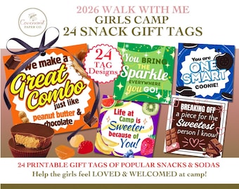 Youth Girls Camp Snack Gift Tags | 24 Fun Printable Treat Tags for Campers