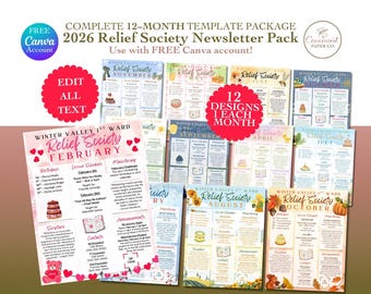 Pakiet szablonów biuletynu Towarzystwa Pomocy na rok 2026 | LDS | Edytowalny Canva (do natychmiastowego pobrania)