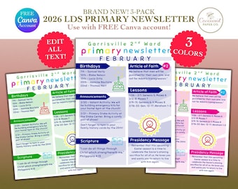 2026 Simple Primary Newsletter Template 3 Colors| LDS | Editable Canva (Instant Download)