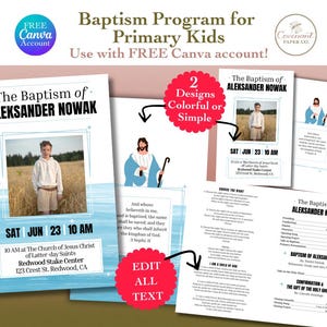 May include: A baptism program template with the text "The Baptism of ALEKSANDER NOWAK" and event details. The design includes a photo, date, time, and location. The design is customizable with a free Canva account.