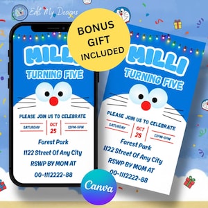 Blue Cartoon Cat Birthday Invitation | Editable Kids Party Invite (Digital Download)