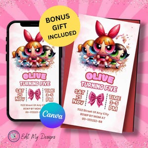 Invitación de cumpleaños de Las Chicas Superpoderosas, fiesta de superhéroes, editable en Canva (tarjeta imprimible digitalmente)