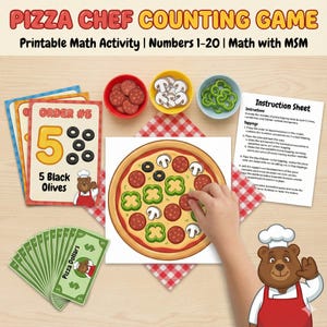 May include: A pizza-themed counting game with the text "Pizza Chef Counting Game." The image includes a pizza, ingredient bowls, order cards, play money, and an instruction sheet. The game is a printable math activity for numbers 1-20.