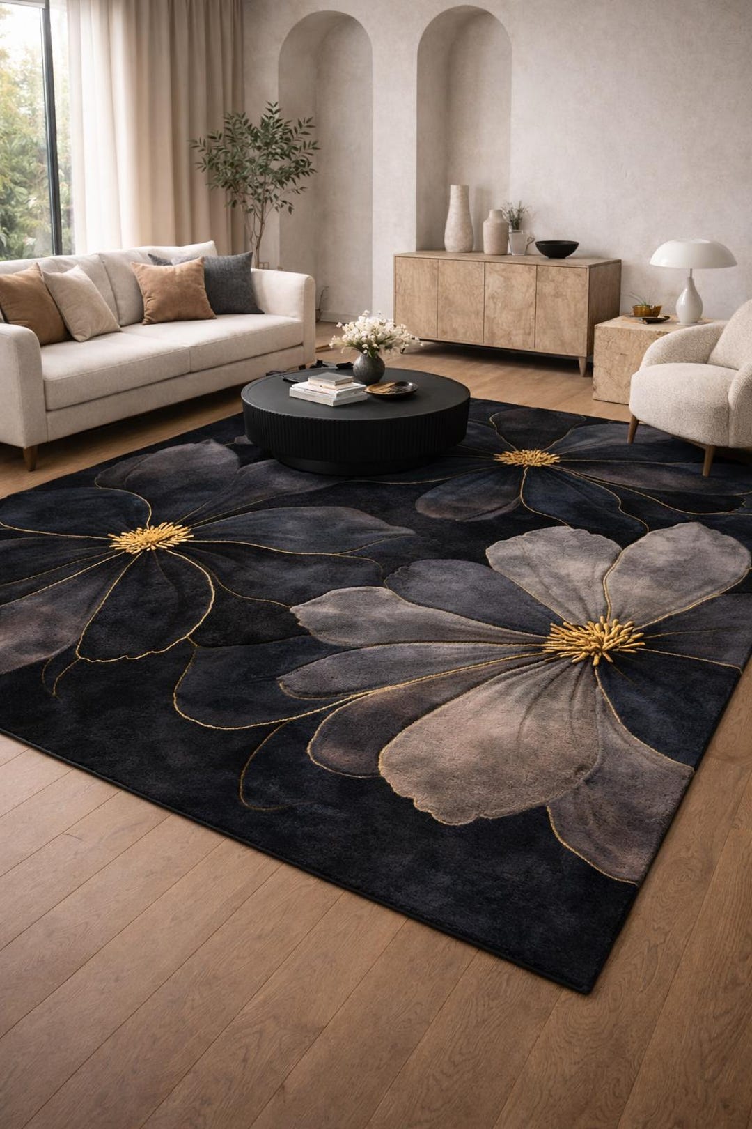 Luxury Dark Floral Hand Tufted Rug – Modern Black, Navy & Gold ...