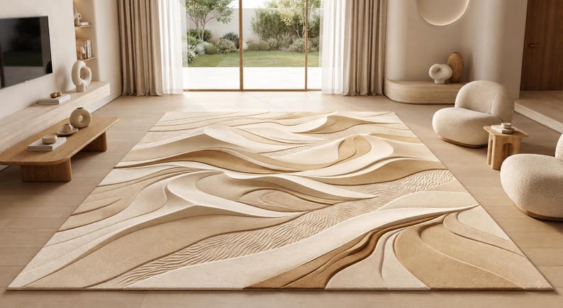 Beige Tan Pattern Rug Hand Tufted Desert Dune Rug - Cream Beige Sandy Tan Wool Area Rug ...