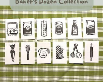 Juego de mini grabados en linóleo "Baker's Dozen" / Colección de ingredientes y utensilios de repostería impresos a mano
