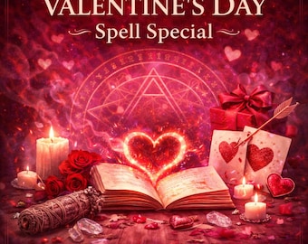 May include: A Valentine's Day Spell Special image with a glowing heart, open book, candles, roses, and a gift box. The text reads "Valentine's Day Spell Special" with the phrases "Boost Love, Rekindle Passion, Manifest Romance."