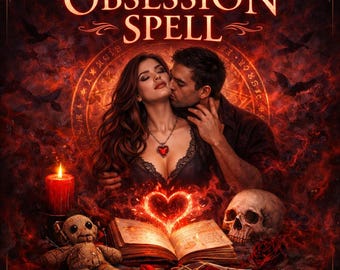 May include: A digital art piece with the words "OBSESSION SPELL" at the top. A couple is embracing, with a heart-shaped glow. A lit candle, a voodoo doll, an open book, and a skull are also present. The text "Riri Got The Magic" and "POWERFUL LOVE MAGIC" are at the bottom.