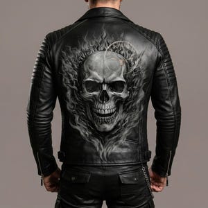 Chaqueta de cuero negra estampada con calaveras para hombre / Conjunto motero con diseño gótico de llamas / Ropa de club punk y rockera