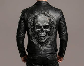 Svart skinnjacka med dödskalletryck för män | Bikeroutfit med gotisk flamdesign | Punk- och rockklubbkläder
