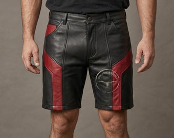 Pantalones cortos de cuero negro y rojo para hombre, pantalones cortos de piel de cordero auténtica estilo motero, ropa de festival hecha a mano.