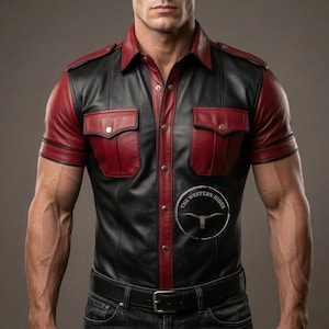 Op de afbeelding: Zwart en rood leren shirt met korte mouwen, twee borstzakken en een kraag. Het shirt heeft een knoopsluiting en een riem. Het logo van The Western Hides is zichtbaar.