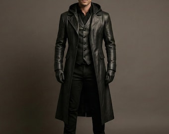 Men's Black Hooded Sheep Leather Trench Coat - Gothic Streetwear Handmade Long Coat