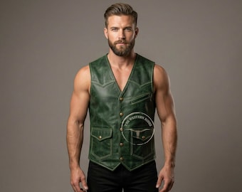 Chaleco verde de cuero genuino para hombre - Chaqueta sin mangas estilo motero western - Chaleco vintage para festivales de motociclista