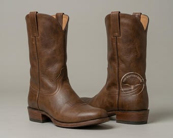 Bruna cowboystövlar i läder för män | Klassiska vintage westernbikerstövlar | Festival- och countryklubbskor