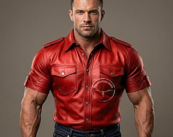 Rood echt leren herenshirt – slimfit bikerstijl met zakken – rocker en vintage top