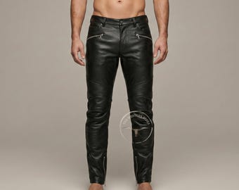 Men's Black Leather Biker Pants - Genuine Leather Gothic Motorcycle Trousers - Slim Fit Rocker Bottoms
