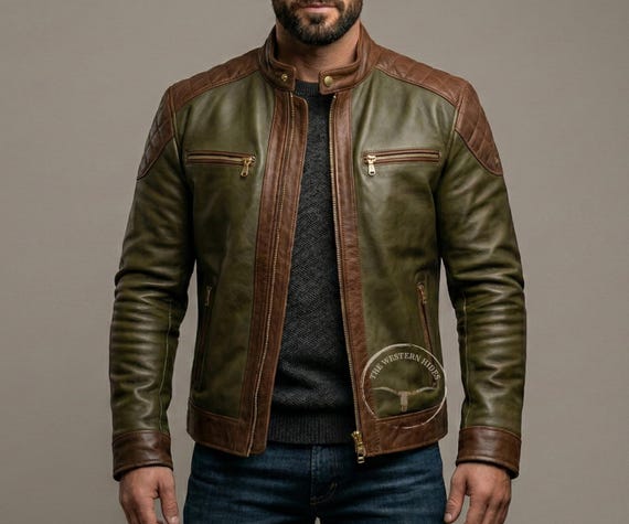 Men's Green & Brown Leather Jacket - Cafe Racer Motorcycle Overshirt - Vintage Style Luxury Menswear