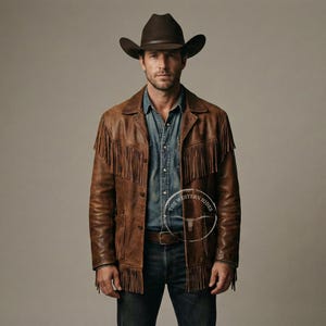 Puede incluir: Chaqueta de cuero marrón con flecos, usada sobre una camisa vaquera y vaqueros azules. La chaqueta tiene un cuello clásico y un cinturón. Un sombrero de vaquero marrón completa el look de inspiración western.