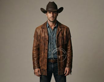 Herrbrun skinnjacka med fransar – Handgjord westerncowboyjacka i äkta läder – Vintage festivalkläder