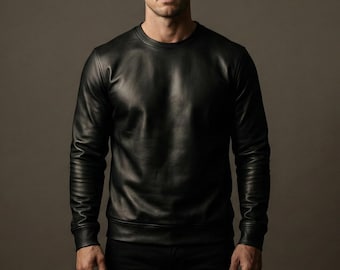 Men's Black Leather Sweatshirt - Slim Fit Long Sleeve Lambskin Crewneck