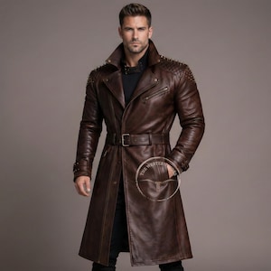 May include: A dark brown leather trench coat featuring a belted waist and studded shoulder detailing. The coat has a classic design with a notched collar and a double-breasted closure. The coat is made of a rich, dark brown leather.