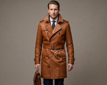 Men's Brown Leather Trench Coat | Handmade Belted Luxury Bikers Overcoat | Streetwear Duster Jacket