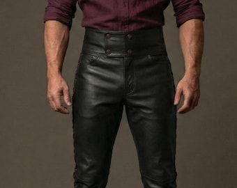 Men's Genuine Leather Lace-Up Pants - Handmade Lambskin Slim Fit Biker Trousers - Western Cowboy Style