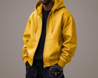 Herrgul äkta skinnjacka med huva - Handgjord lammskinnsjacka med dragkedja - Lyxig streetwear-bikertopp