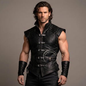 May include: Black leather vest with a high collar and multiple buckles. The vest has a sleeveless design and is paired with matching black wrist cuffs. The Western Hides logo is visible on the vest.