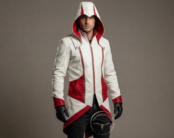 Men’s White & Red Hooded Leather Coat - Handmade Assassin Style Long Jacket - Gothic Biker Outfit