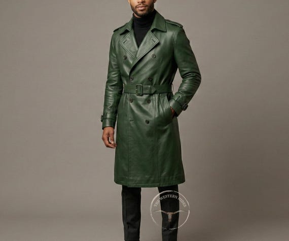 Green Genuine Leather Coat For Men | Handmade Military Trench Coat | Luxury Streetwear Duster Jacket