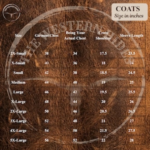 May include: A size chart for coats, with measurements in inches. The chart includes sizes from 2X-Small to 5X-Large, detailing garment chest, actual chest, cross shoulder, and sleeve length measurements. The text "COATS Size in inches" is at the top.