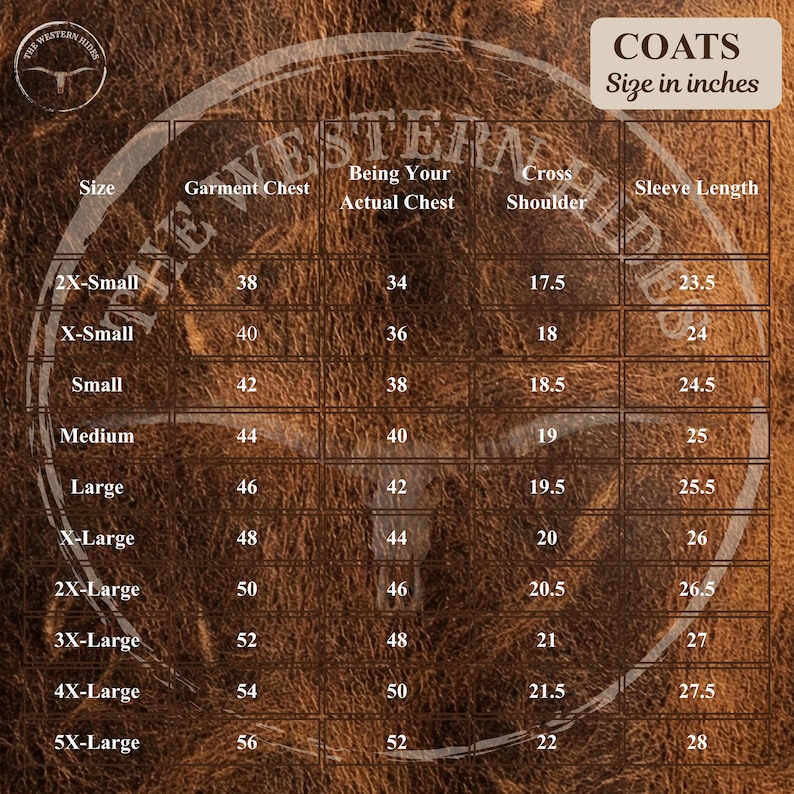 May include: A size chart for coats, with measurements in inches. The chart includes sizes from 2X-Small to 5X-Large, detailing garment chest, actual chest, cross shoulder, and sleeve length measurements. The text "COATS Size in inches" is at the top.