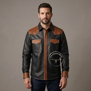 Men’s Handmade Leather Shirt - Black Brown Genuine Lambskin Cowboy Shacket - Luxury Biker & Clubwear Top