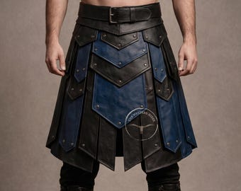 Men's Blue & Black Genuine Leather Kilt | Gothic Gladiator Warrior Armor | LARP Cosplay Medieval Costume