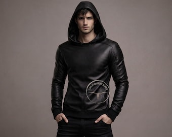 Men's Black Leather Hoodie - Handmade Lambskin Streetwear Hooded