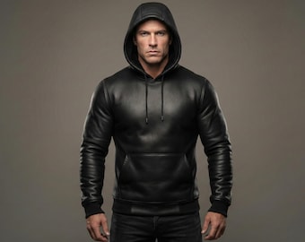 May include: Black leather hoodie with a drawstring hood and a kangaroo pocket. The long sleeves have ribbed cuffs. The hoodie is made of a smooth, shiny leather material.