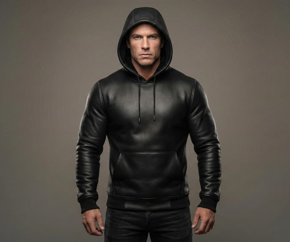 Men's Black Leather Hoodie - Handmade Lambskin Streetwear Hooded