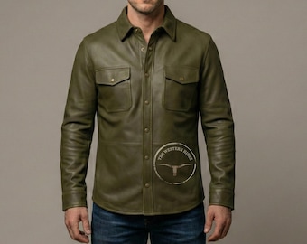 Men's Olive Genuine Leather Shirt - Handmade Lambskin Streetwear Top - Western Style Button Down Overshirt