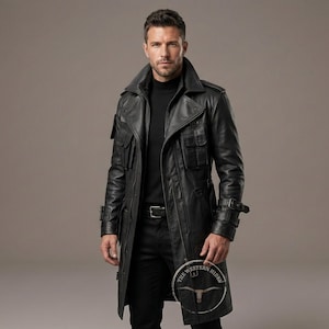 May include: A black leather trench coat with multiple pockets and a belt. The coat has a classic design with a wide collar and a button-up front. The coat is worn over a black turtleneck and black pants. The coat has a logo on the bottom.