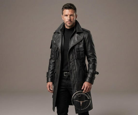 Handmade Leather Men's Trench Coat - Genuine Sheepskin Gothic Duster Jacket - Bikers & Rocker Style Overcoat