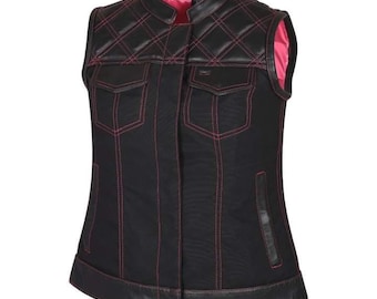 Gilet en jean en cuir pour femme fait main - Gilet de motard matelassé bicolore.