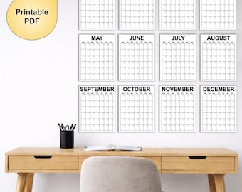 Minimalist Undated Monthly Wall Planner/Calendar, Printable Digital Download, Monday or Sunday Week Start, A3, A4, US LETTER