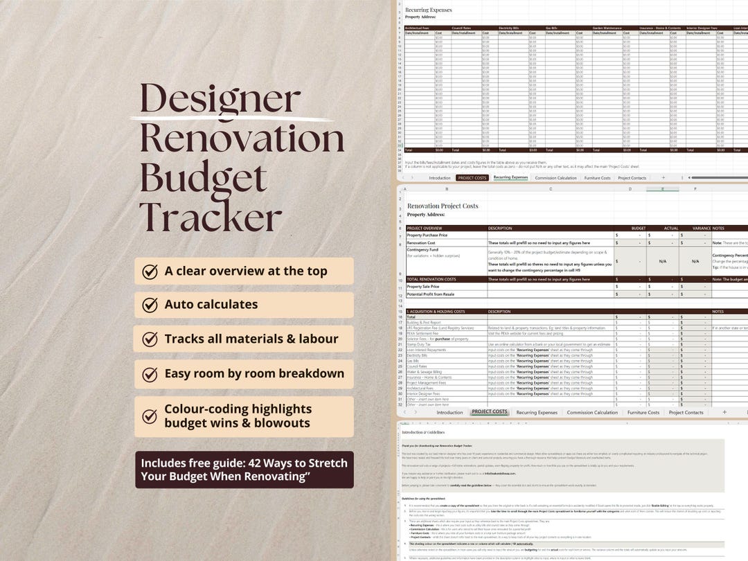 Renovation Budget Spreadsheet | Home Renovation Cost Tracker | Excel ...