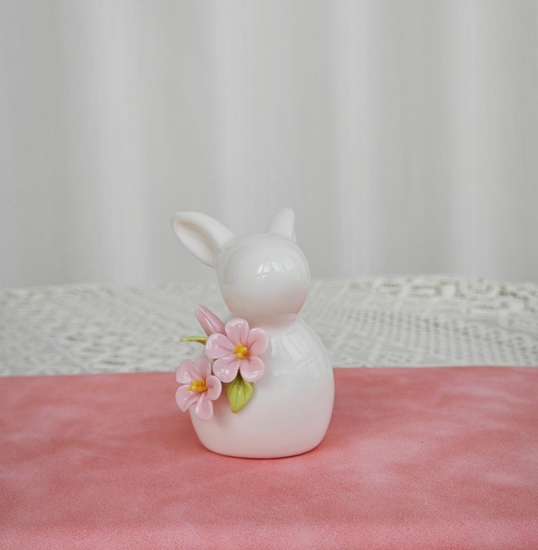 Simple White Ceramic Rabbit Figurine With Handmade Pink Flowers. - Etsy