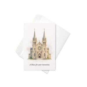 Puede incluir: Ilustración en acuarela de una catedral con dos agujas, un rosetón y una entrada central. La tarjeta dice "A Mass for your intentions" y se combina con un sobre blanco. La imagen tiene un aspecto suave y artístico.